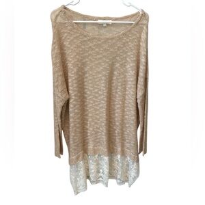 UMGEE Oversized Open Knit Lace Ruffle Sweater Women’s Large Beige Tunic Top